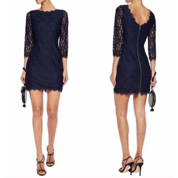 Diane Von Furstenberg Dresses & Skirts - Diane Von Furstenberg DVF Colleen Navy Blue Floral Lace Sheath Dress Size 0